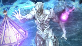 The Anabaseios: The Twelfth Circle raid boss in Final Fantasy 14 raising their hand to the camera