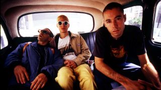 Beastie Boys, group portrait, London, United Kingdom, 1993. L-R Adam Horovitz (Ad-Rock), Mike Diamond (Mike D), Adam Yauch (MCA)