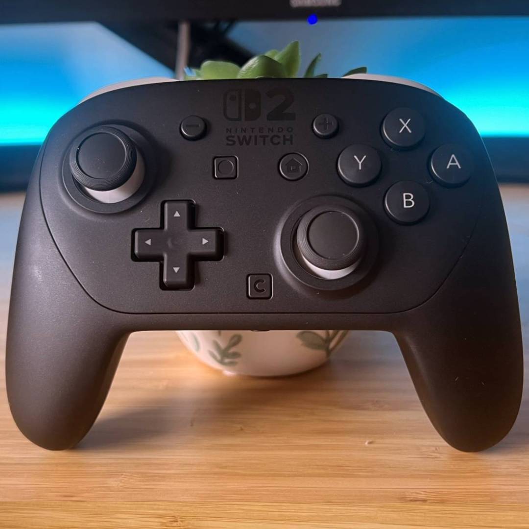 Switch 2 Pro Controller leaning against plant on woodgrain desk.
