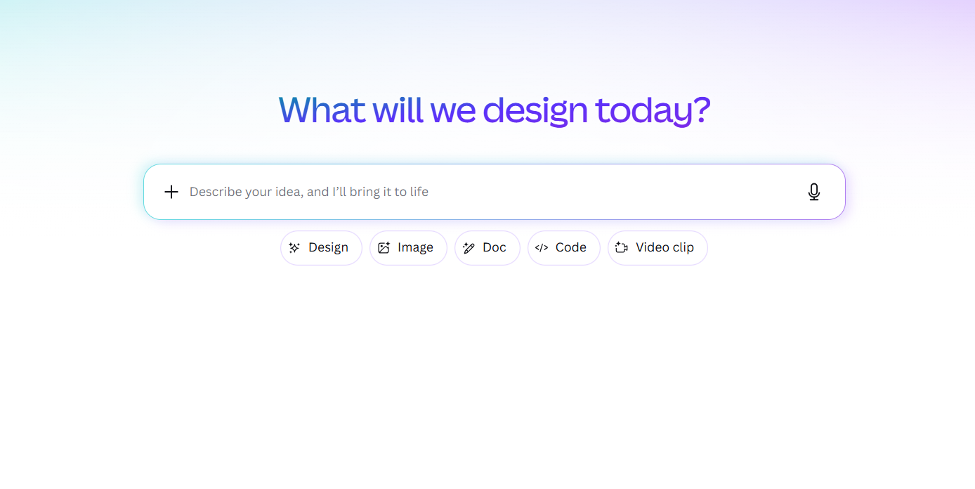 Canva AI design starting screen