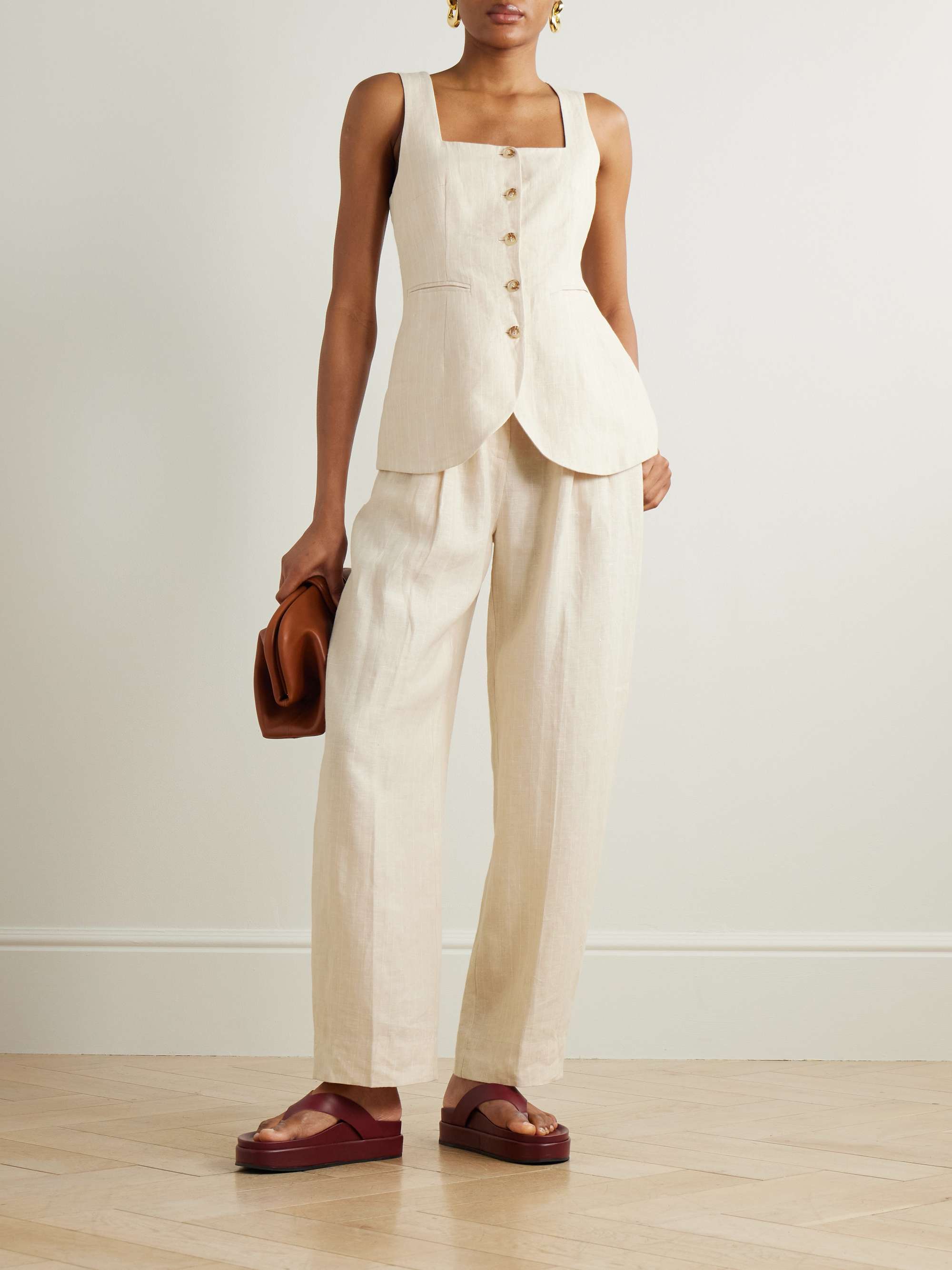 Lucille Pleated Pinstriped Linen Straight-Leg Pants