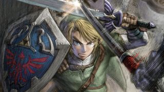 Link blocks an attack in official art for The Legend of Zelda: Twilight Princess