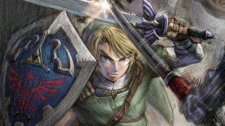 Link blocks an attack in official art for The Legend of Zelda: Twilight Princess