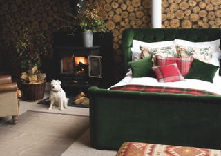 log print wallpaper in country bedroom with green bed
