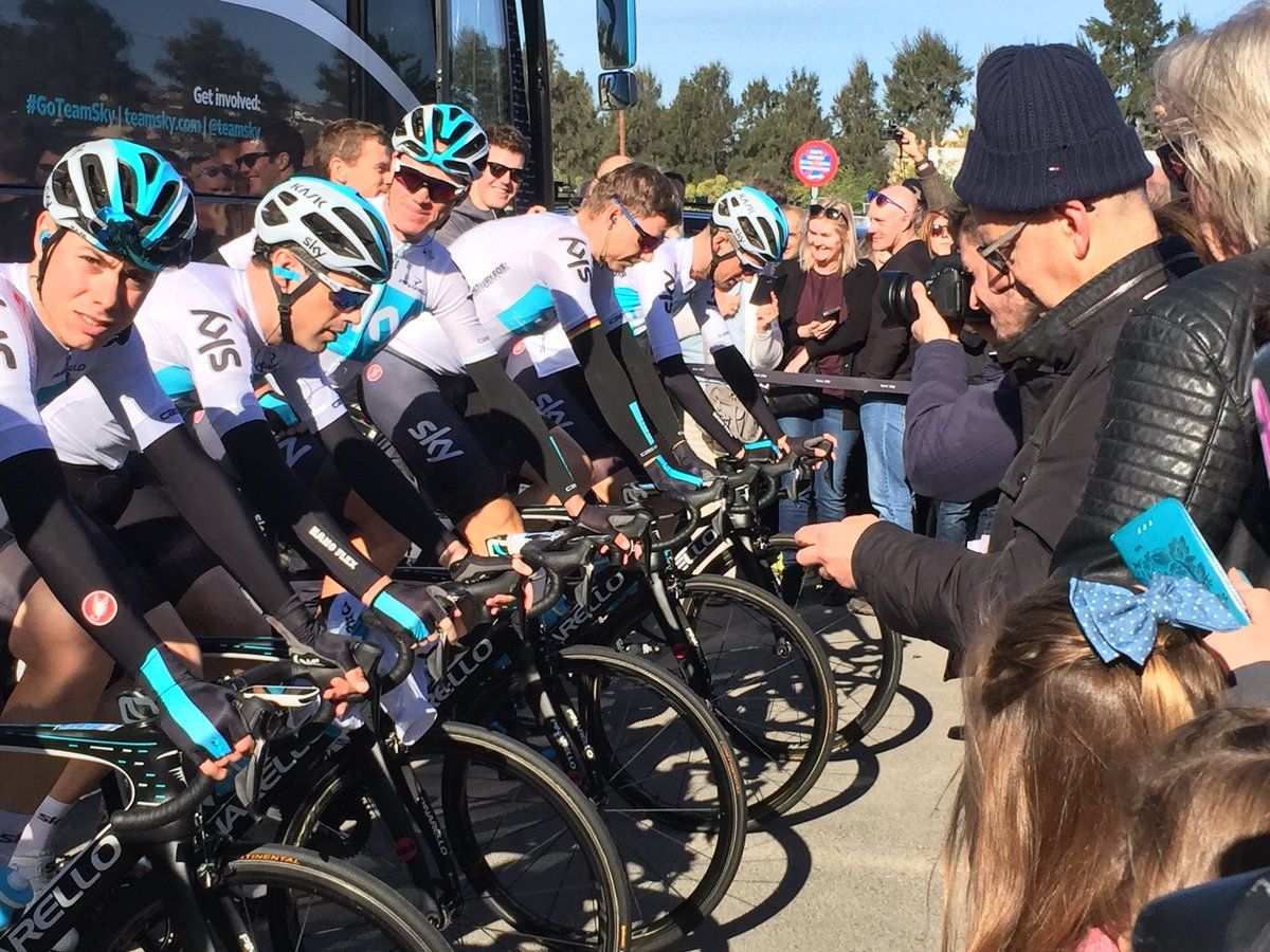 Chris Froome warms up with his Team Sky teammates before stage 1 of the Ruta del Sol