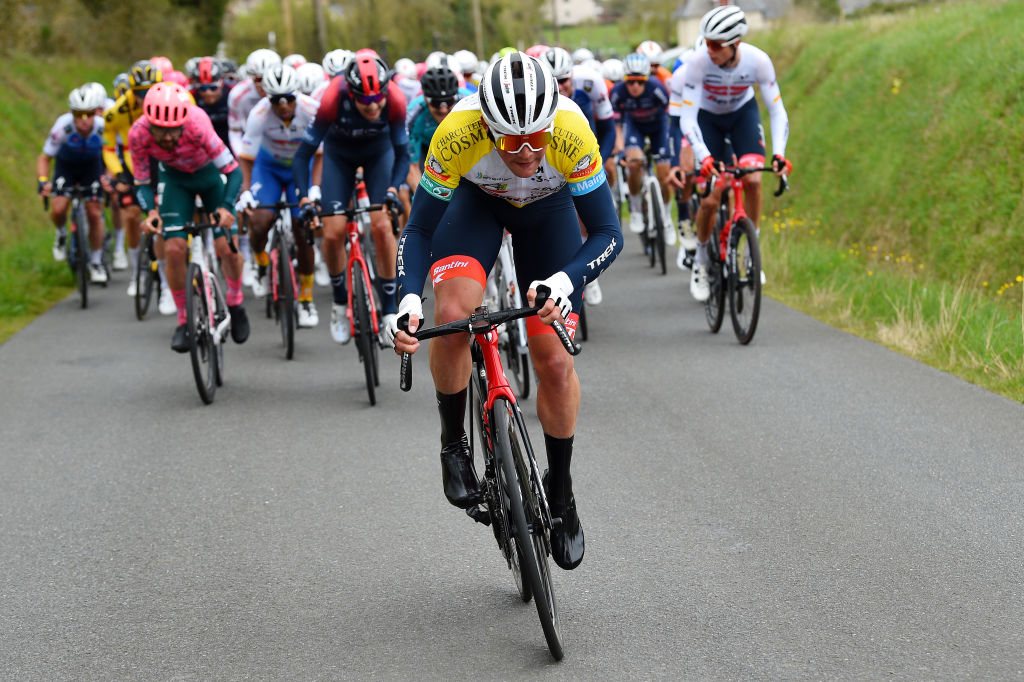 LE LUDE FRANCE APRIL 06 Mads Pedersen of Denmark and Team Trek Segafredo Yellow Leader Jersey attacks during the 68th Circuit Cycliste Sarthe Pays de la Loire 2022 Stage 2 a 1747km stage from Le Lude to Le Lude CircuitSarthe on April 06 2022 in Le Lude France Photo by Dario BelingheriGetty Images
