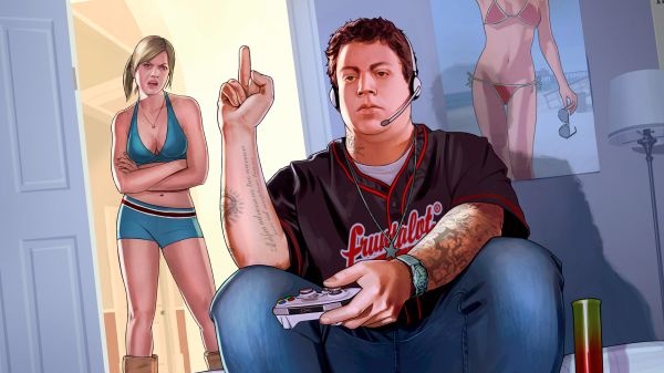 Official GTA 5 artwork showing a teen flipping the bird at his sister