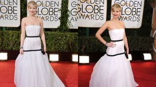 jennifer lawrence in a strapless tiered white tulle dress at the 2014 golden globes