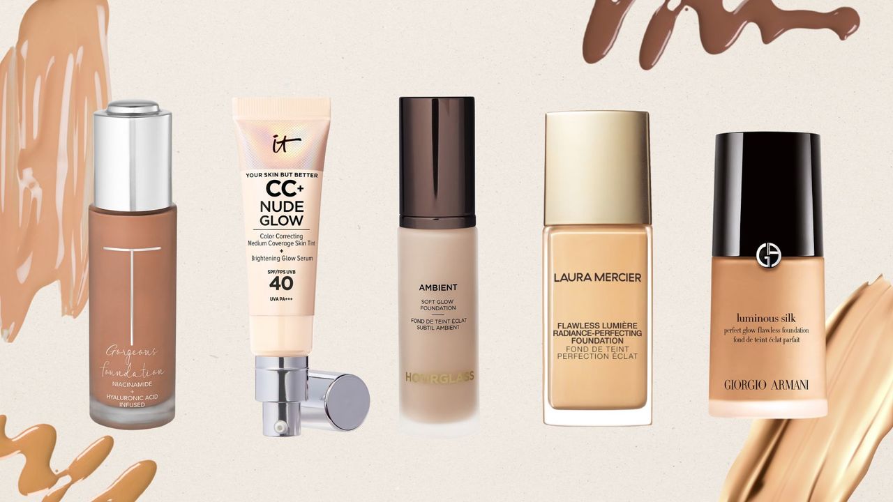 five of woman&amp;home&#039;s best foundation picks from Trish McEvoy, IT Cosmetics, Hourglass, Laura Mercier and Armani, on a beige background with foundation swatches