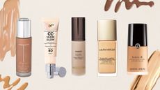 five of woman&home's best foundation picks from Trish McEvoy, IT Cosmetics, Hourglass, Laura Mercier and Armani, on a beige background with foundation swatches