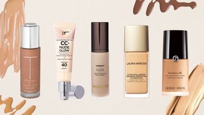five of woman&home's best foundation picks from Trish McEvoy, IT Cosmetics, Hourglass, Laura Mercier and Armani, on a beige background with foundation swatches