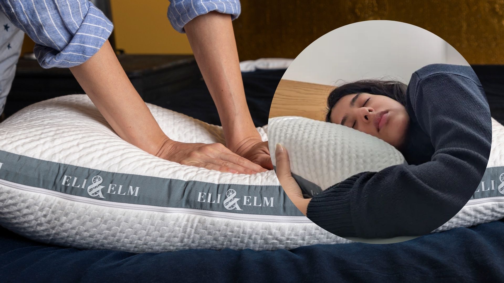 Image shows Tom's Guide bedding writer testing the Eli and Elm pillow