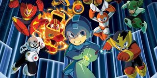 Mega Man ready for the attacking Robot Masters attacking in the background.