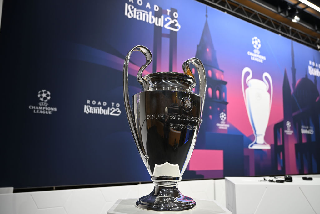 A view of the UEFA Champions League trophy ahead of the UEFA Champions League 2022/23 Round of 16 draw at the UEFA Headquarters, The House of the European Football, on November 7, 2022, in Nyon, Switzerland.