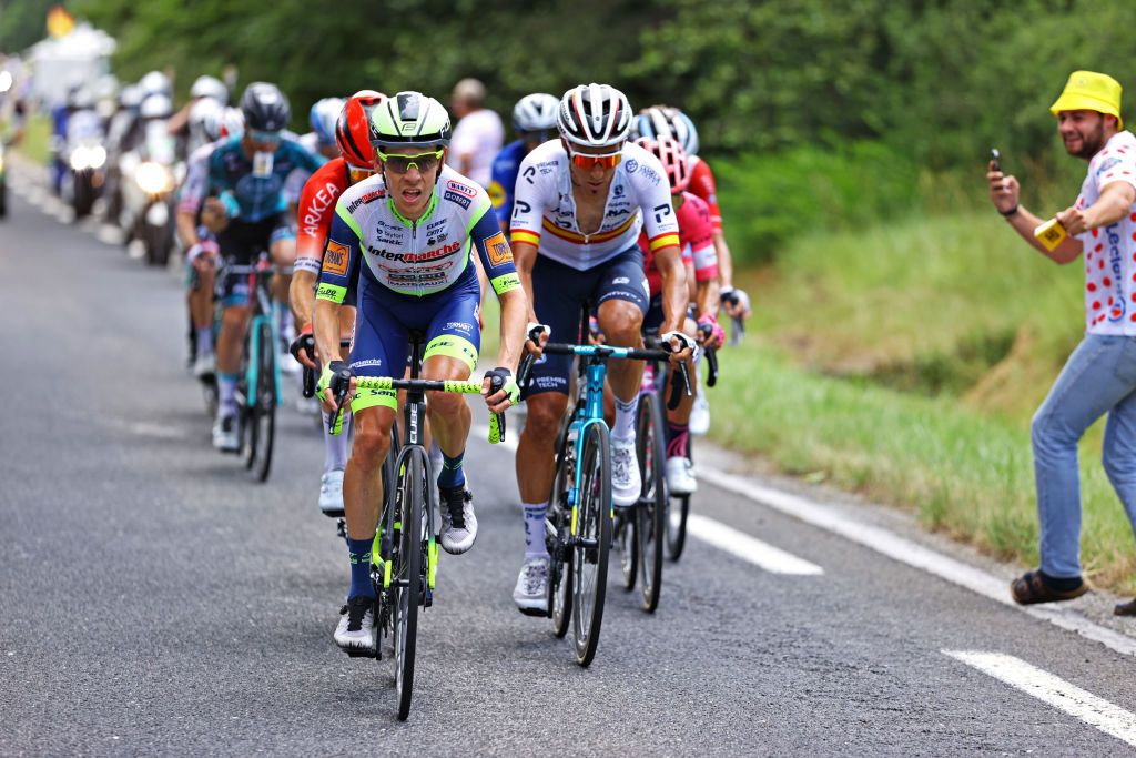 QUILLAN FRANCE JULY 10 Louis Meintjes of South Africa and Team Intermarch Wanty Gobert Matriaux Omar Fraile of Spain and Team Astana Premier Tech during the 108th Tour de France 2021 Stage 14 a 1837km stage from Carcassonne to Quillan LeTour TDF2021 on July 10 2021 in Quillan France Photo by Tim de WaeleGetty Images