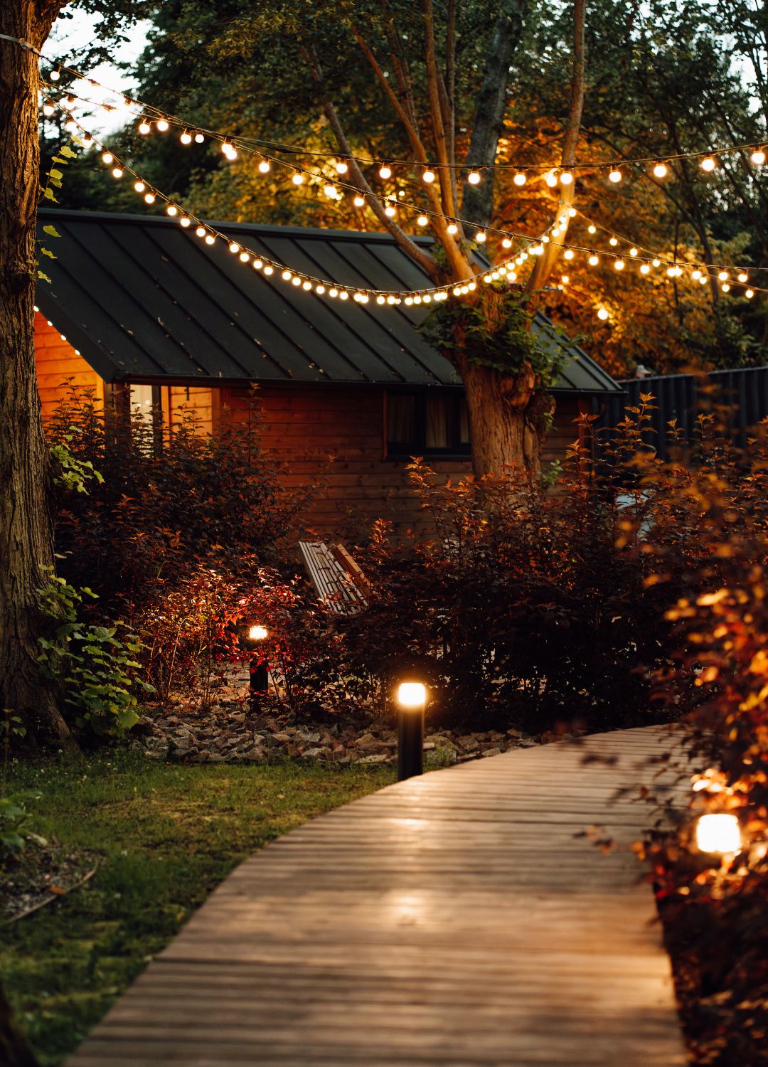 picture of pathway garden lights and overhead festoon lighting