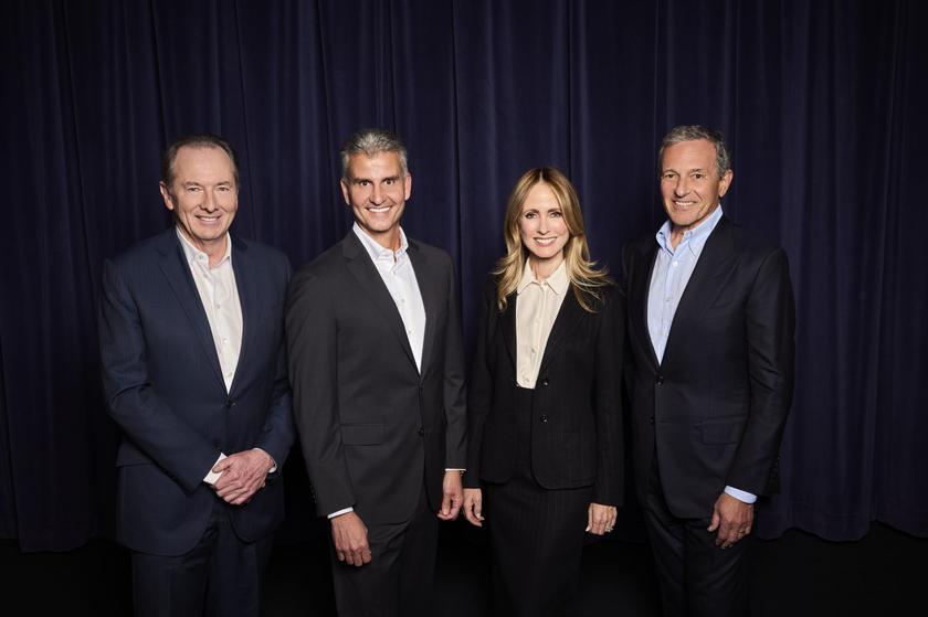 Disney board of directors chairman James Gorman alongside Josh D'Amaro, Dana Walden and outgoing CEO Bob Iger.