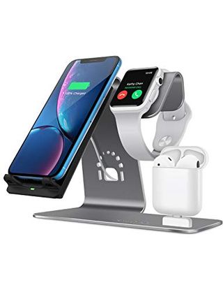Bestand 3 in 1 Aluminum Stand for Apple iWatch, Charging Station for Airpods, Qi Fast Wireless Charger Dock for Apple iWatch/iPhone X/8 Plus/8, Samsung S8, Grey