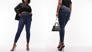 composite of model wearing dark blue curve topshop jamie jeans