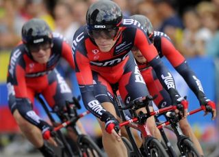 BMC Racing team compete in the men's team time trial at the 2014 UCI Road World Championships