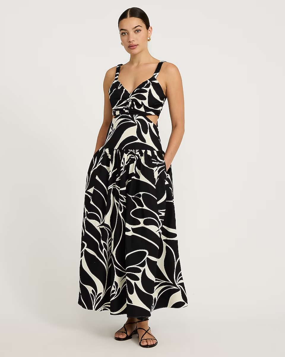 Express, Cotton Poplin Printed Cutout Drop Waist Smocked Back Maxi Dress with Pockets