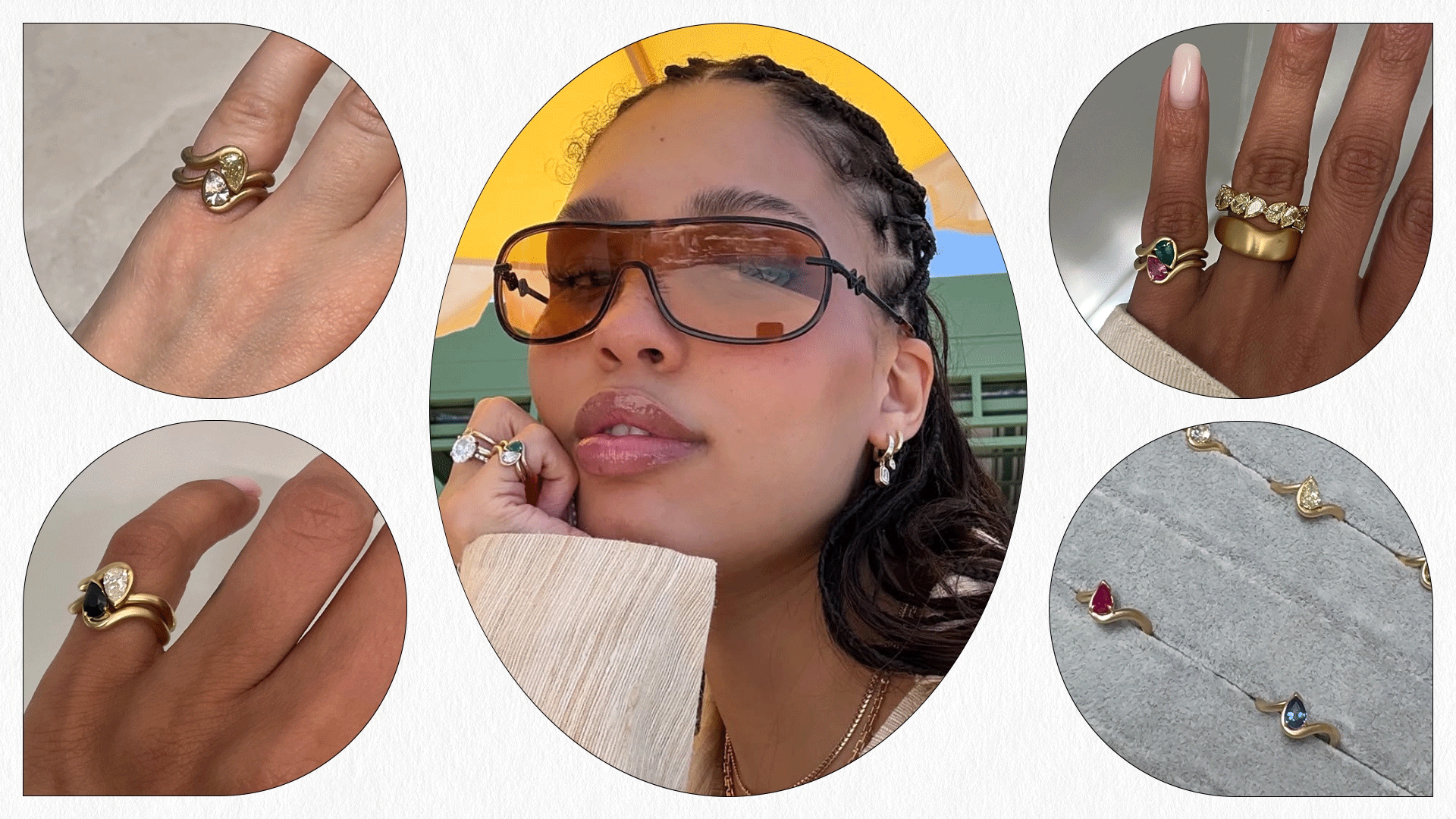 A collage of women wearing aaryah's BB thelma pinky ring.