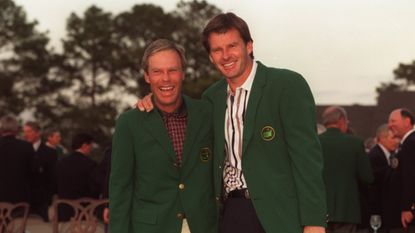 Nick Faldo with Ben Crenshaw after winning the 1996 Masters