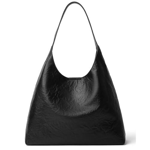 Botimmy Hobo Bags for Women Ruched Vegan Leather Slouchy Tote Purses Ladies Designer Shoulder Handbag Black