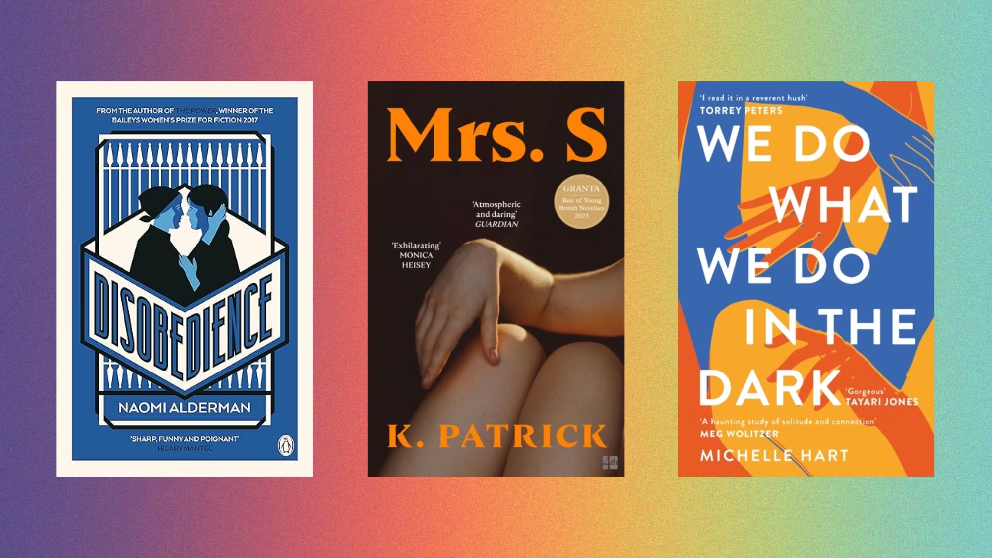 Three LGTBQ books on a rainbow background
