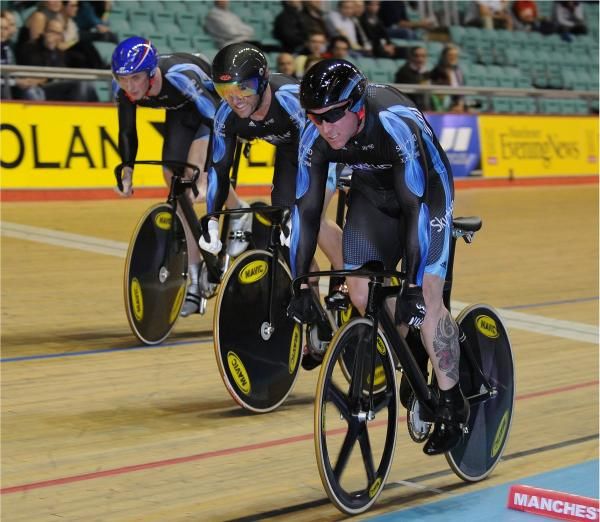 Jamie Staff, Ross Edgar and Jason Kenny set off on their ride. The Sky + HD team went fastest in Team Sprint qualifying