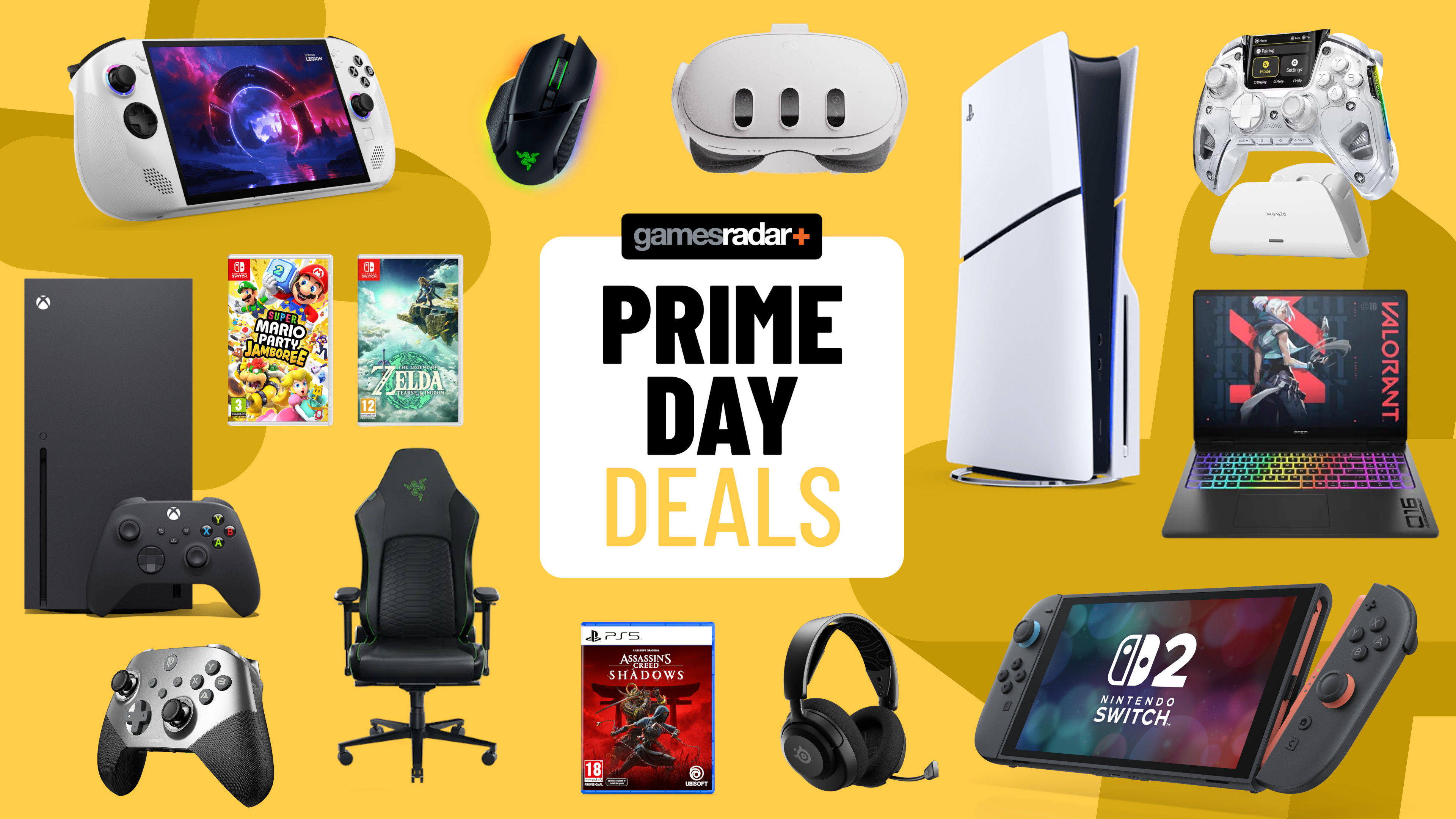 Gaming gadgets and consoles on a yellow background with Prime Day deals badge in the middle