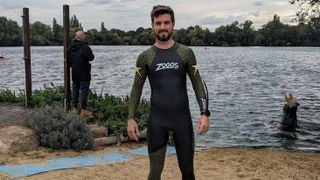 Author wearing Zoggs Predator Pro wetsuit