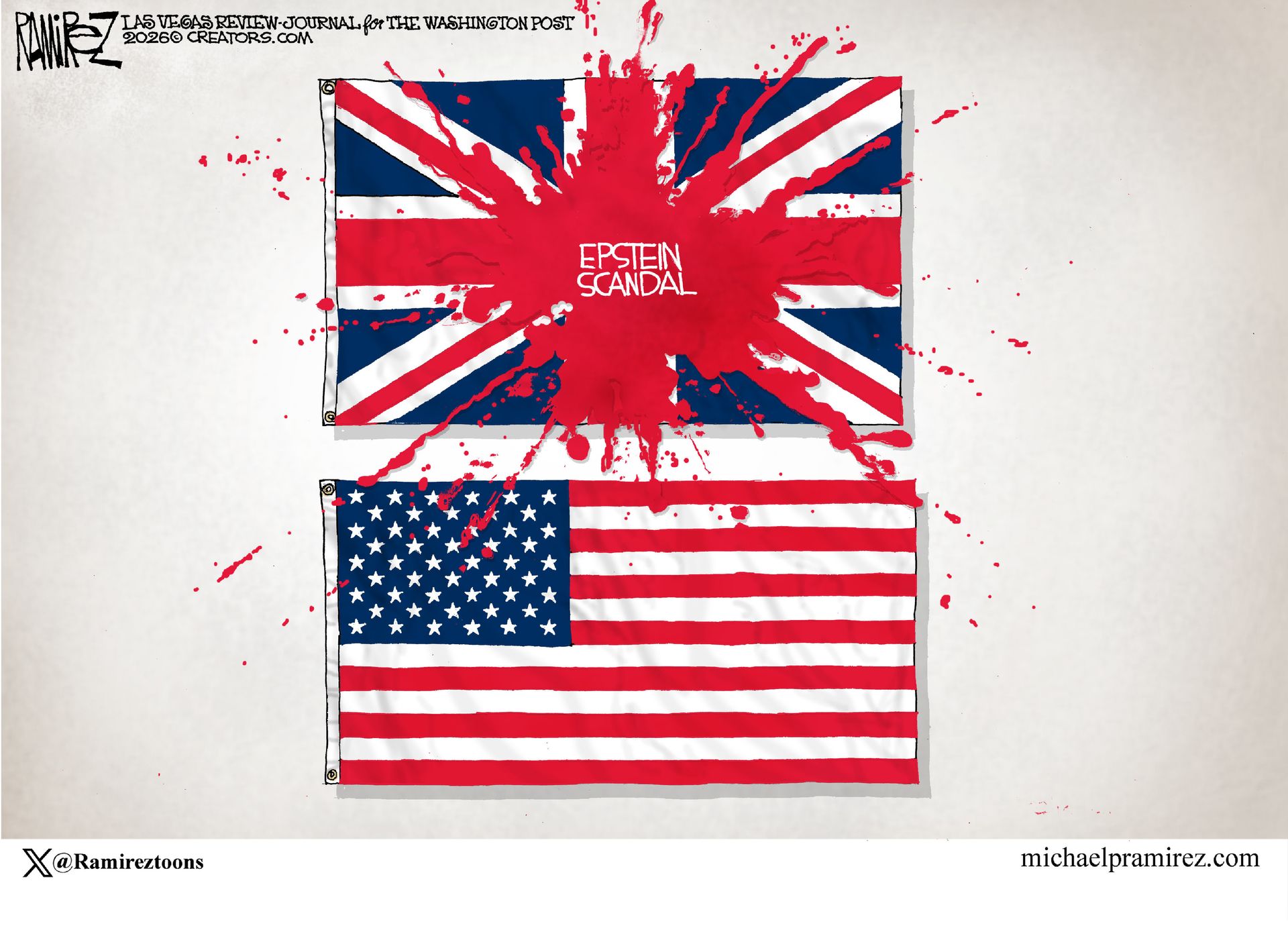 
                                This cartoon depicts a United Kingdom flag and an American flag. The UK flag is on top and has been stained with a blood-like splatter labeled “Epstein Scandal.” The American flag is clean.
                            