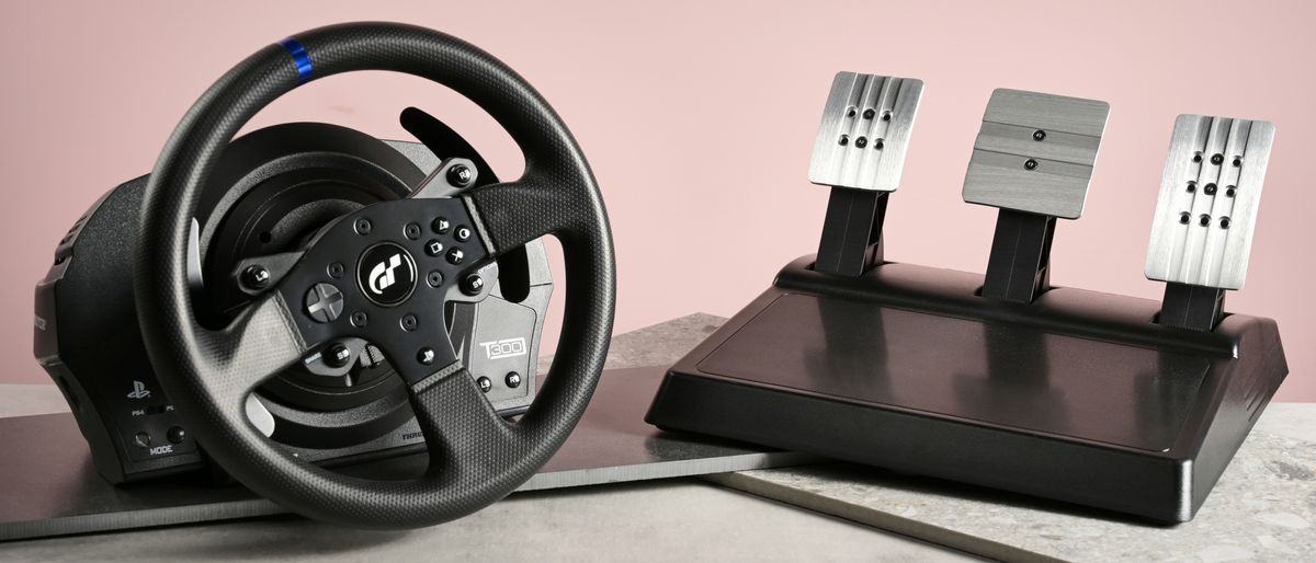 Thrustmaster T300RS GT Edition wheel and pedals on desk