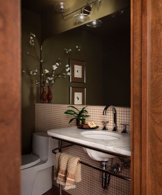 A green bathroom with checkered backsplash and a dark wooden door