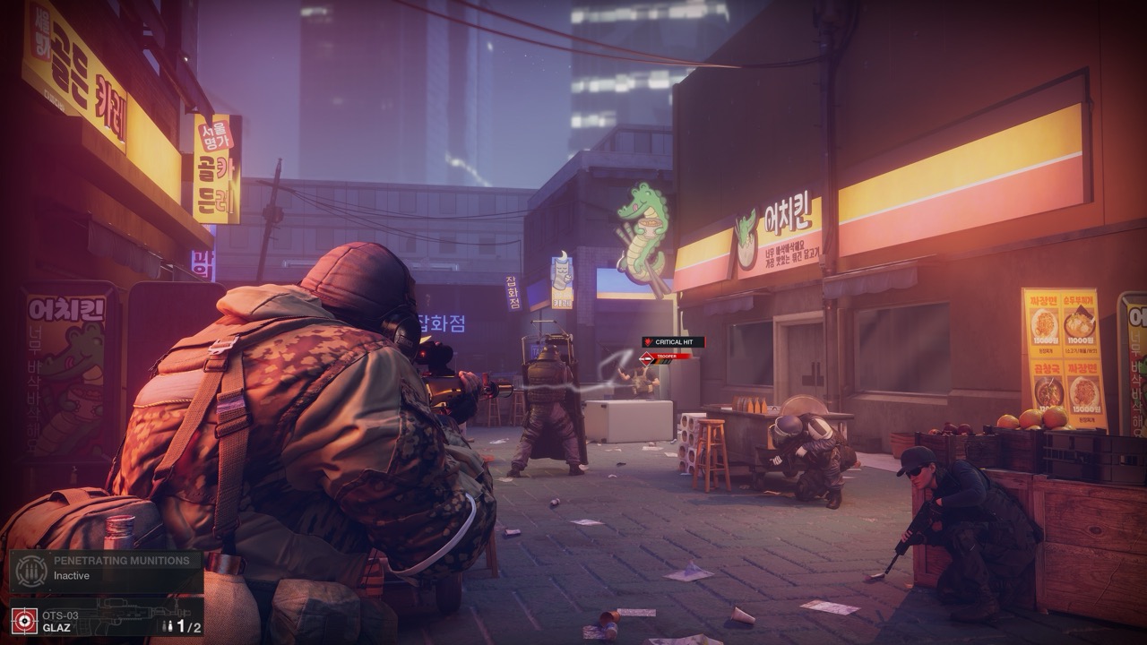 Over-the-shoulder view of Glaz taking a shot.