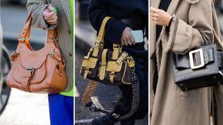 composite of street style shots of people wearing buckle handbags