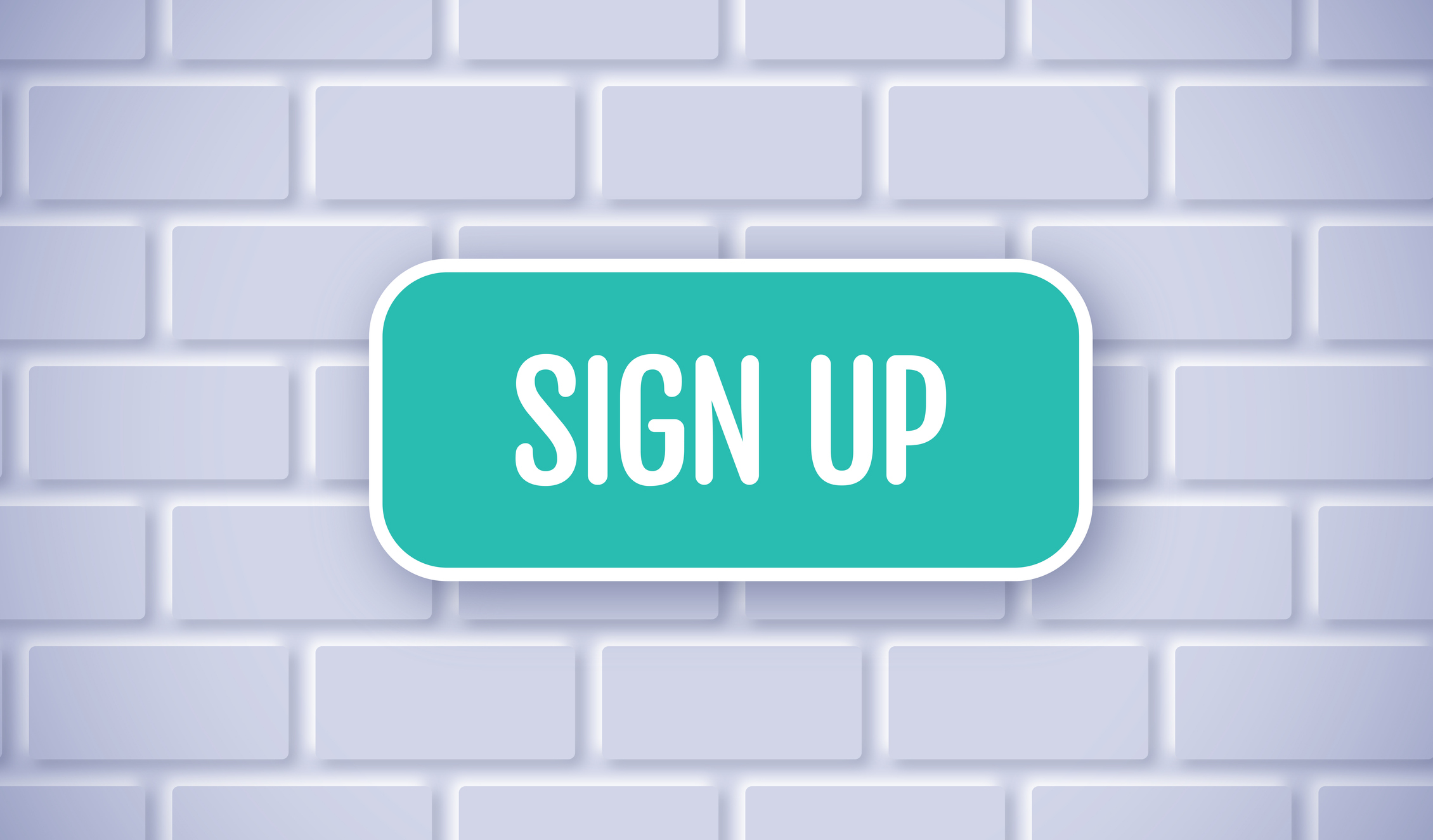 Sign up green button sign on white brick wall.