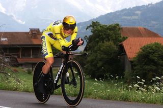 COMBLOUX FRANCE JULY 18 EDITORS NOTE Alternate crop Jonas Vingegaard of Denmark and Team JumboVisma Yellow Leader Jersey sprints during the stage sixteen of the 110th Tour de France 2023 a 224km individual climbing time trial stage from Passy to Combloux 974m UCIWT on July 18 2023 in Combloux France Photo by Michael SteeleGetty Images