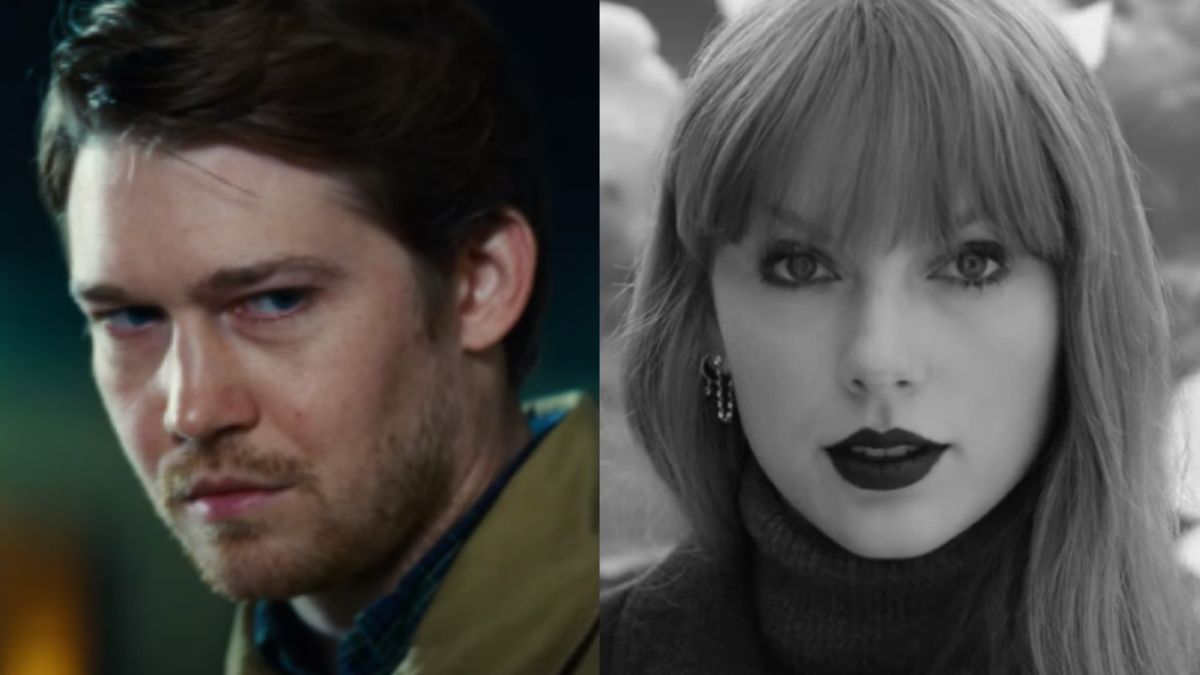 Joe Alywn looking angry in Kinds of Kindness and Taylor swift looking into camera in b&amp;w Fortnight video