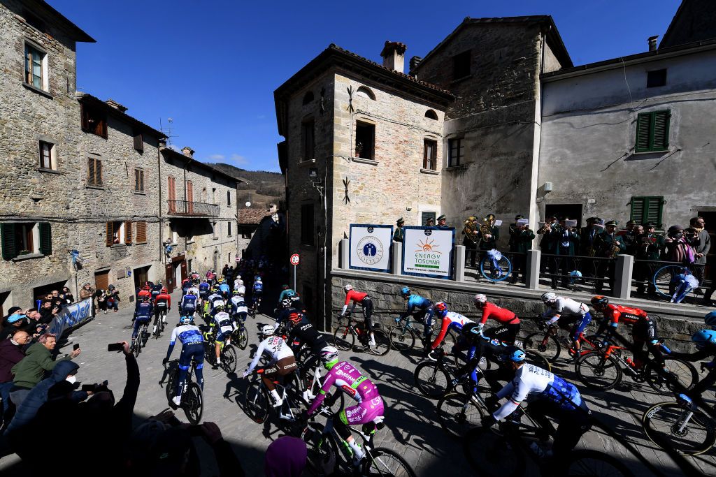 CARPEGNA ITALY MARCH 12 A general view of the peloton passing through Apecchio start village prior to 57th TirrenoAdriatico 2022 Stage 6 a 215km stage from Apecchio to Carpegna 746m TirrenoAdriatico WorldTour on March 12 2022 in Carpegna Italy Photo by Tim de WaeleGetty Images