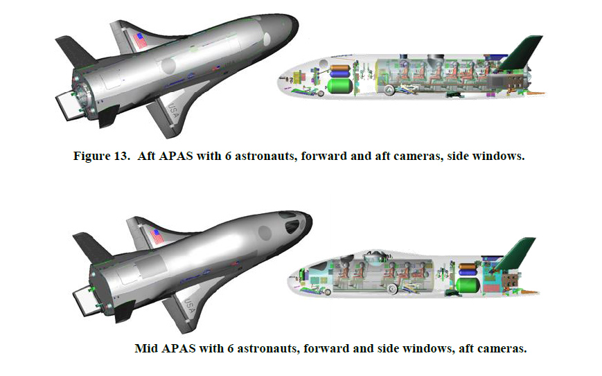 These designs from a Boeing study show configuration for a crewed space plane (X-37C) derived from the unmanned X-37B spacecraft. The designs could carry up to six astronauts to low-Earth orbit and include autonomous and piloted flight capabilities.