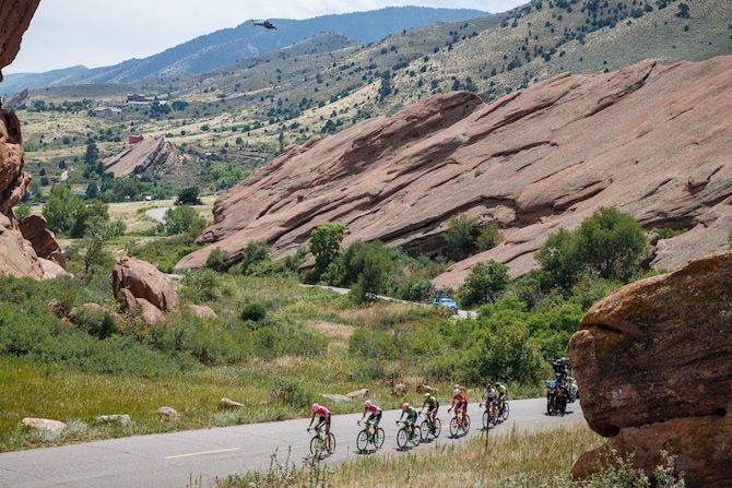 The break enters Red Rocks park on stage 3 of the 2018 Colorado Classic