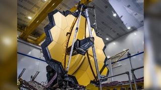 The James Webb Space Telescope's 21.3-foot-wide (6.5 meters) primary mirror is seen here during testing on Earth.