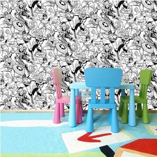 room with marvel wallpaper and colourful chairs