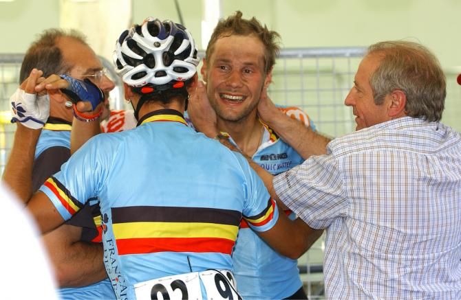 Tom Boonen and Philippe Gilbert celebrate Boone's win in 2005