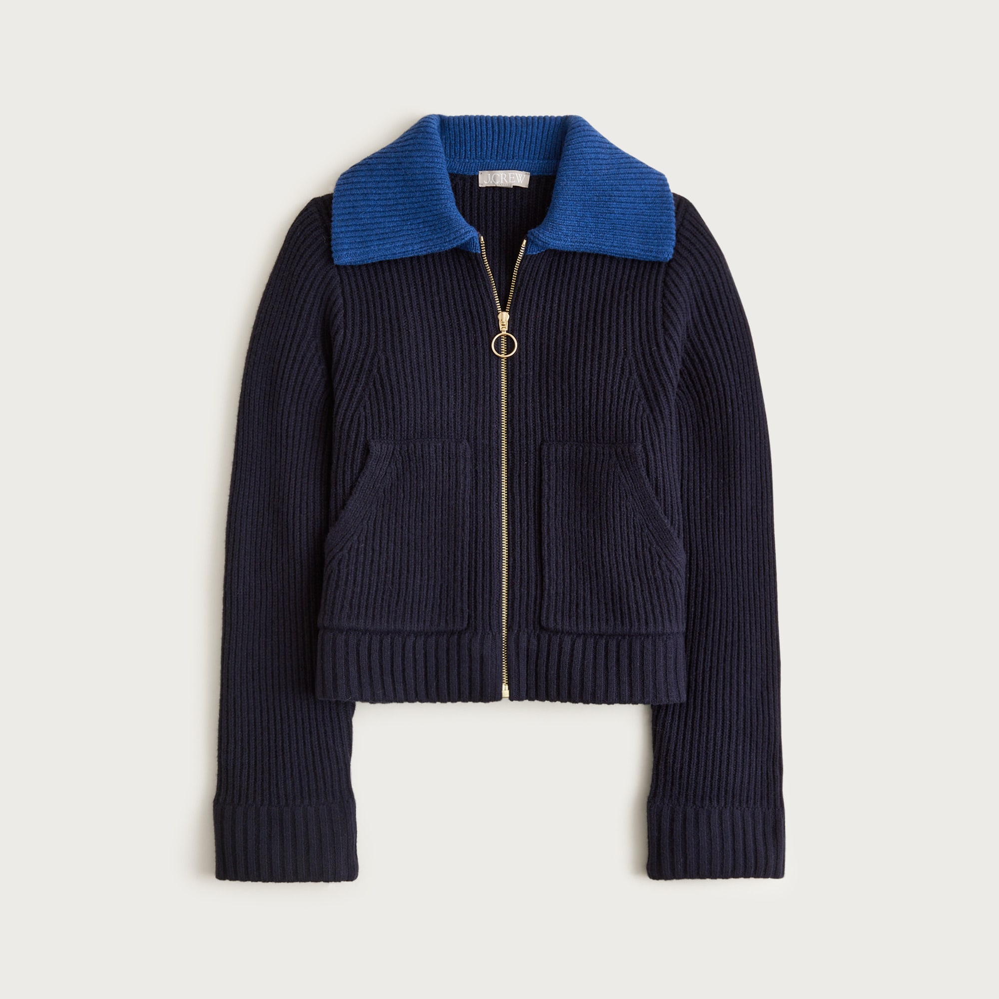 Colorblock Collared Full-Zip Sweater in Wool