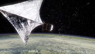 A dragsail to slow a satellite so it falls controlled from space is one of several space junk removal concepts to be tested on on the RemoveDebris mission launched into orbit on a SpaceX rocket April 2, 2018.