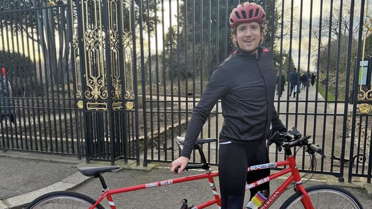 Greg James on his Mercian Cycles tandem