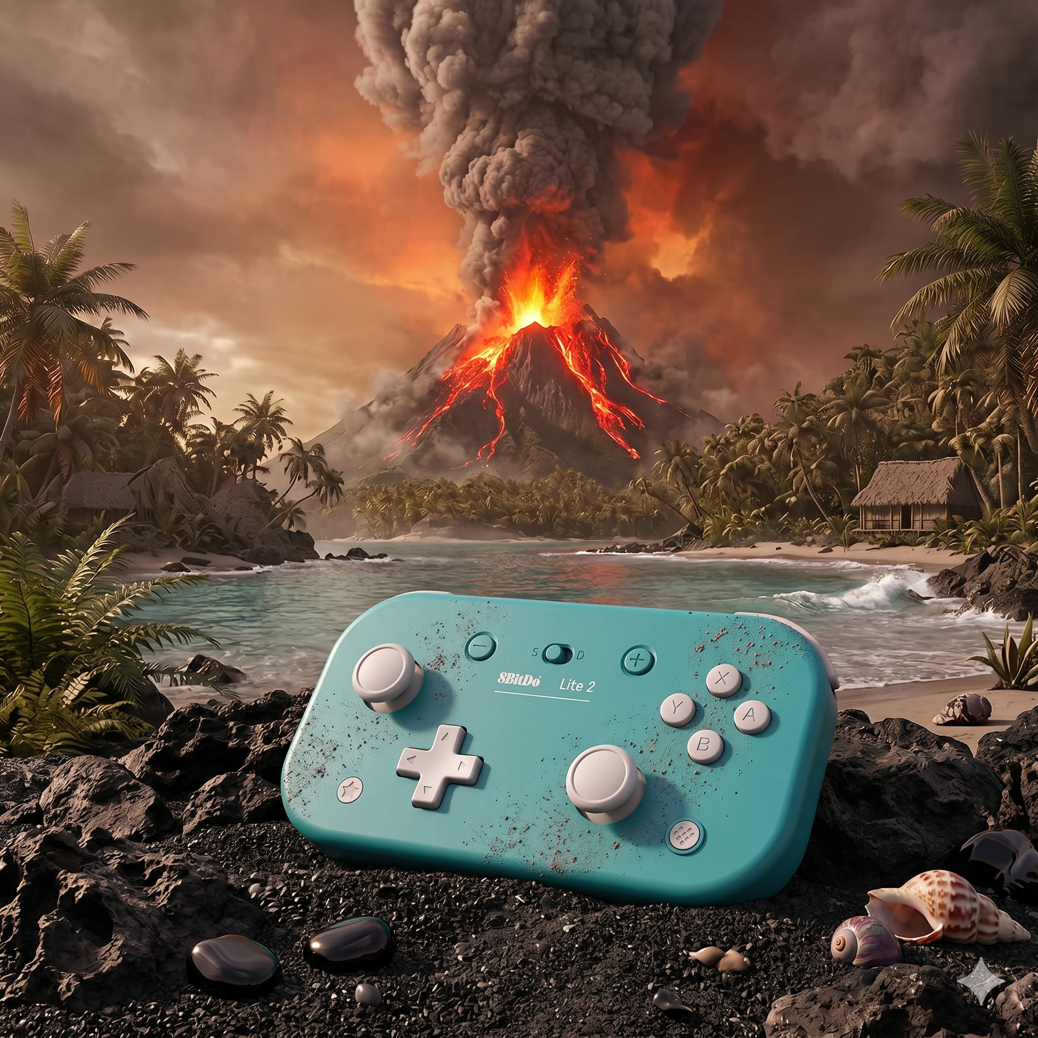 An AI-assited image of a turquoise 8BitDo Nintendo Switch gamepad sitting in the sand in front of a lake behind which a powerful stratovolcano is erupting.